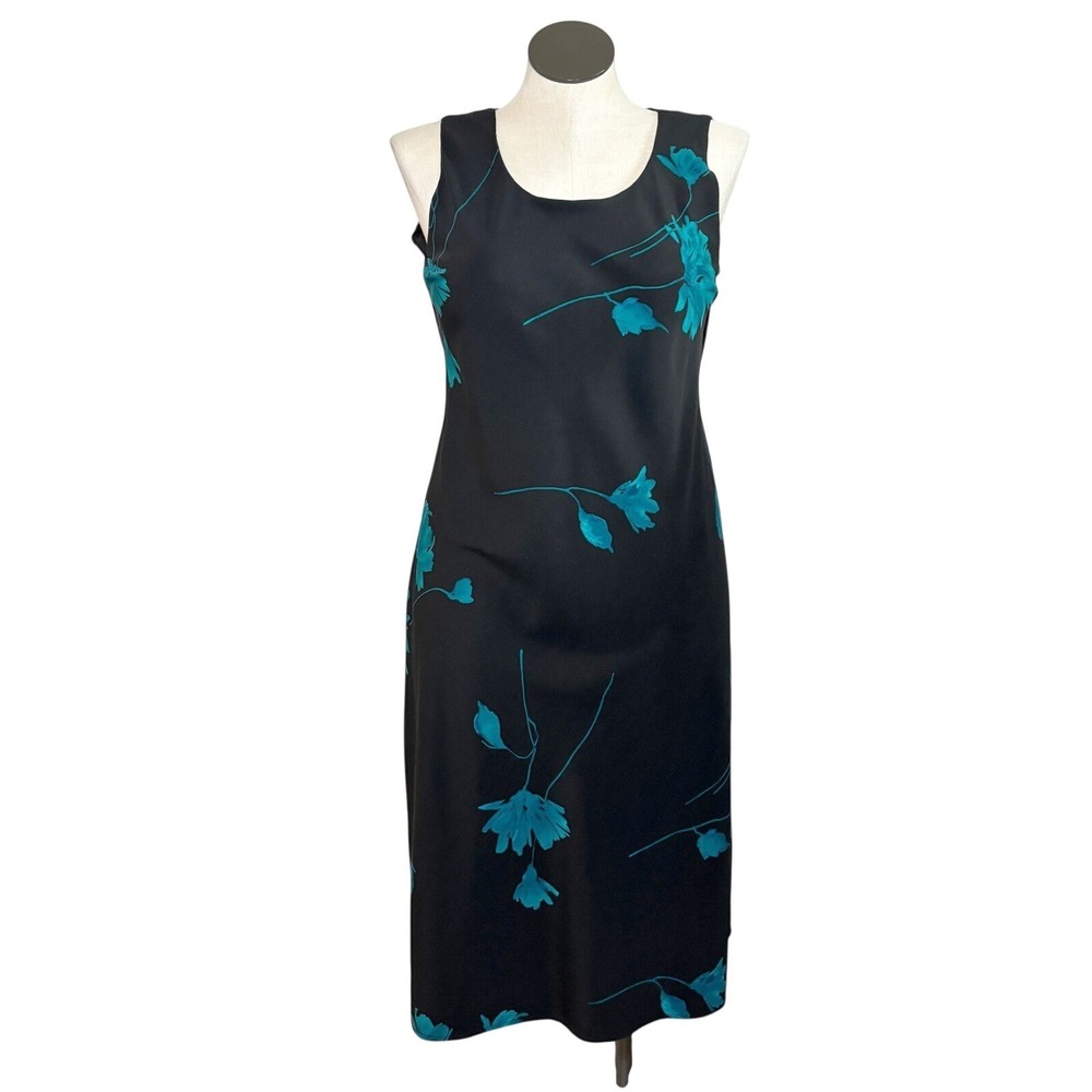 Studio I Womens Size 12 Black‎ Teal Floral Sleeveless Scoop Neck Midi Dress 90s